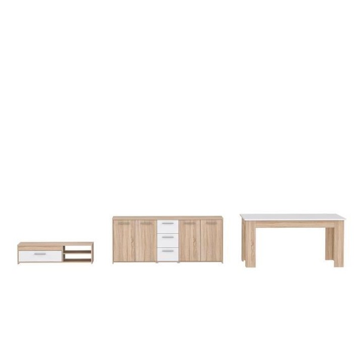 Pilvi ensemble Meuble TV Buffet & Table a manger - Blanc mat et chene