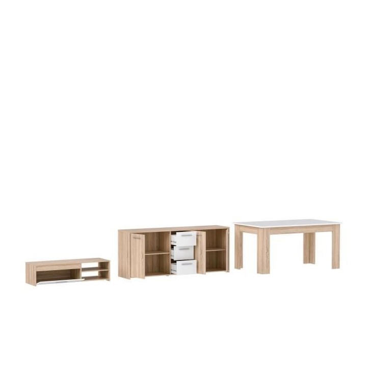 Pilvi ensemble Meuble TV Buffet & Table a manger - Blanc mat et chene