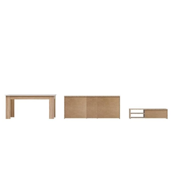 Pilvi ensemble Meuble TV Buffet & Table a manger - Blanc mat et chene