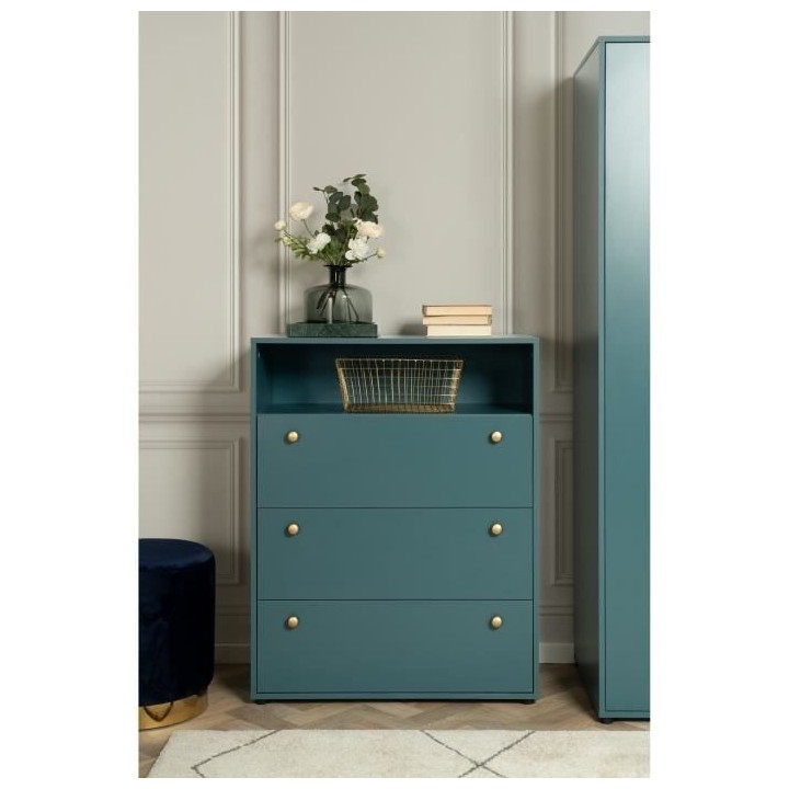 Commode 3 tiroirs avec niche - Bleu Pétrole - 80 x 40 x 100 cm - POP
