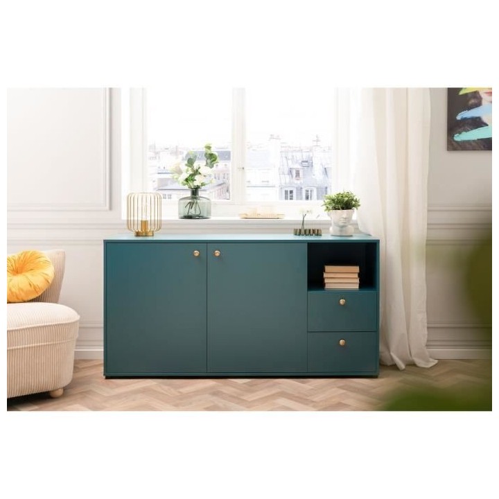Buffet 2 portes + 2 tiroirs et niche ouverte - Bleu Pétrole - 150 x 4