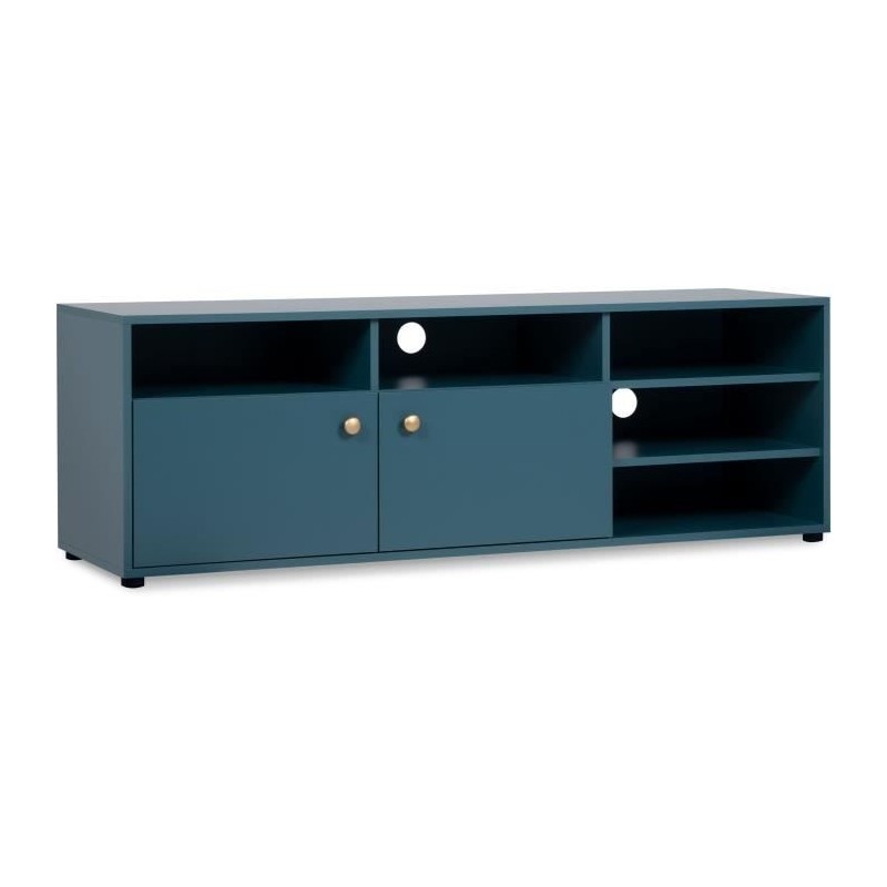 Meuble TV - 2 portes et 5 niches ouvertes - Bleu Pétrole - 140 x 40 x 45 cm - POP COLOR