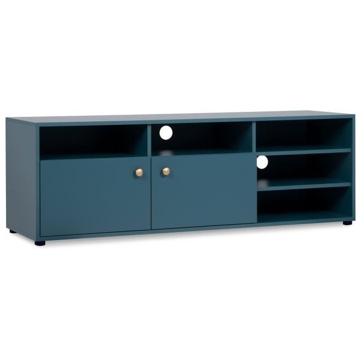 Meuble TV - 2 portes et 5 niches ouvertes - Bleu Pétrole - 140 x 40 x