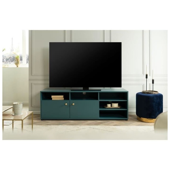 Meuble TV - 2 portes et 5 niches ouvertes - Bleu Pétrole - 140 x 40 x