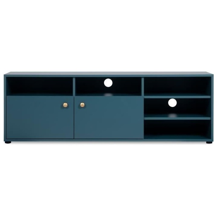 Meuble TV - 2 portes et 5 niches ouvertes - Bleu Pétrole - 140 x 40 x