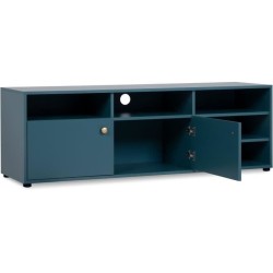 Meuble TV - 2 portes et 5 niches ouvertes - Bleu Pétrole - 140 x 40 x 45 cm - POP COLOR