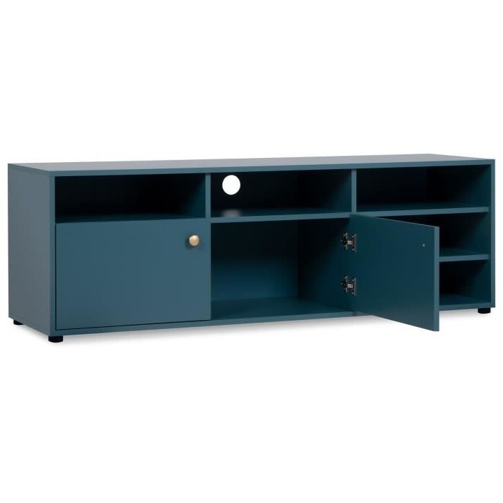 Meuble TV - 2 portes et 5 niches ouvertes - Bleu Pétrole - 140 x 40 x