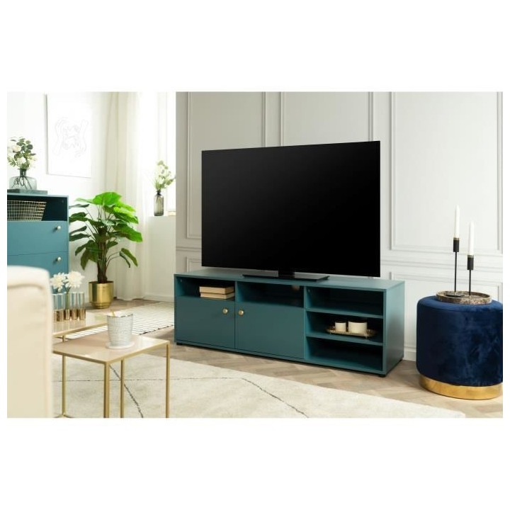 Meuble TV - 2 portes et 5 niches ouvertes - Bleu Pétrole - 140 x 40 x