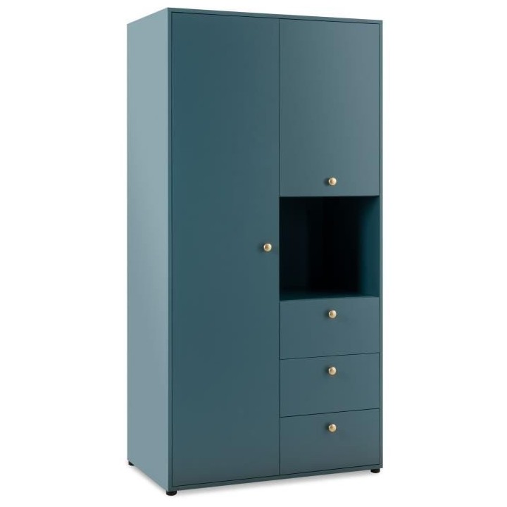 Armoire battante avec 2 portes + 3 tiroirs et niche ouverte - Bleu Pé