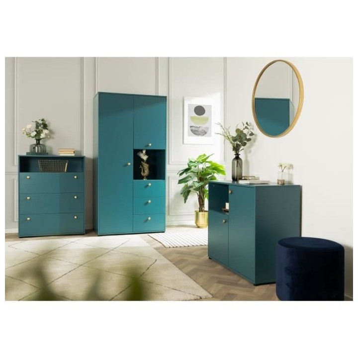 Armoire battante avec 2 portes + 3 tiroirs et niche ouverte - Bleu Pé