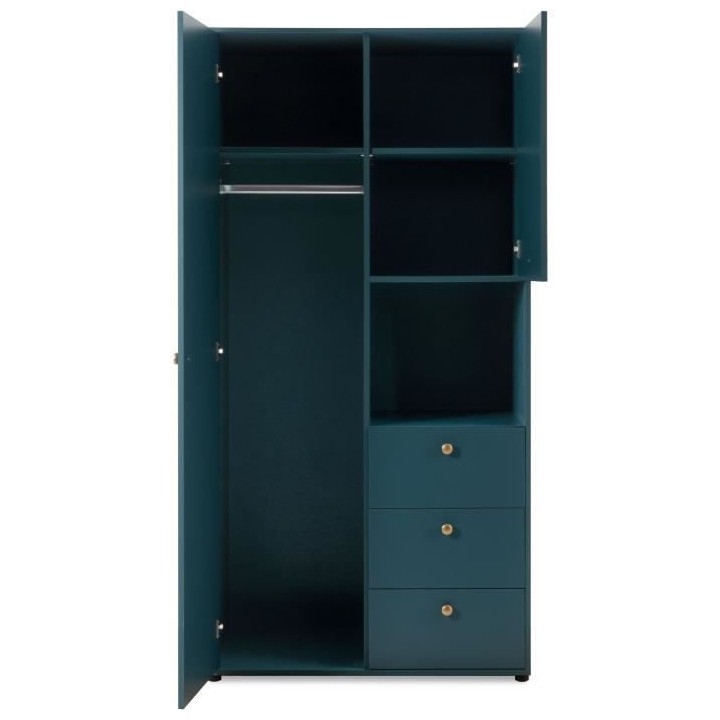 Armoire battante avec 2 portes + 3 tiroirs et niche ouverte - Bleu Pé