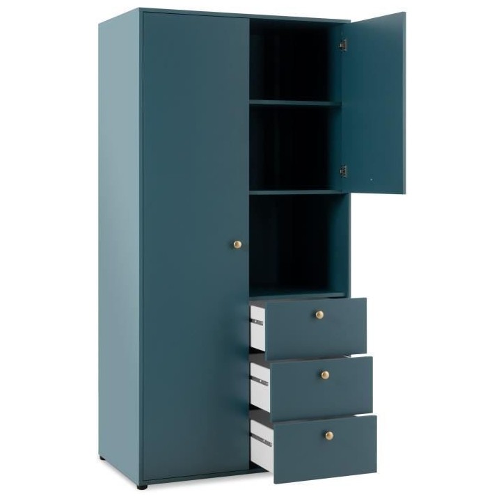 Armoire battante avec 2 portes + 3 tiroirs et niche ouverte - Bleu Pé