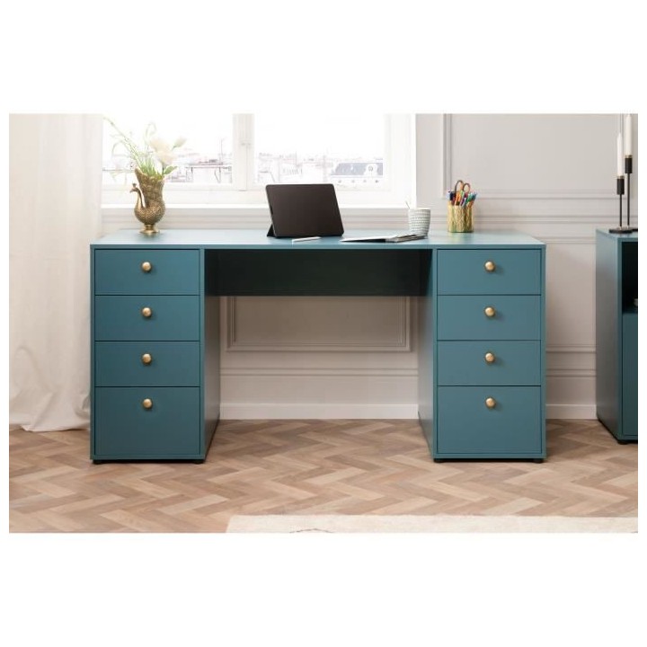 Bureau droit avec 8 tiroirs - Bleu Pétrole - 160 x 67 x 75 cm - POP C