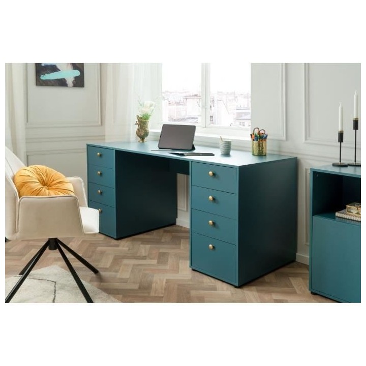 Bureau droit avec 8 tiroirs - Bleu Pétrole - 160 x 67 x 75 cm - POP C