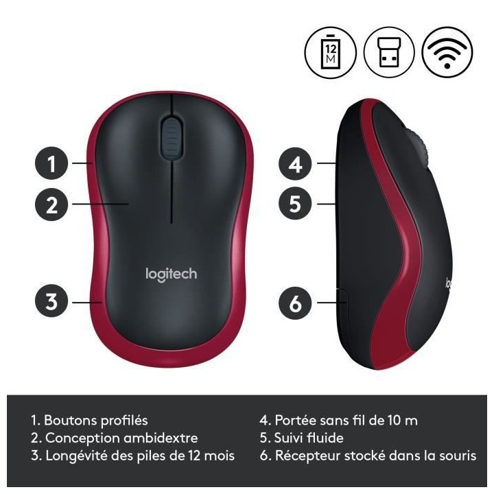 LOGITECH - Souris sans fil optique - M185 Rouge