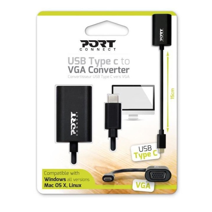 PORTDESIGNS Convertisseur USB Type C vers VGA - Compatible Windows / M