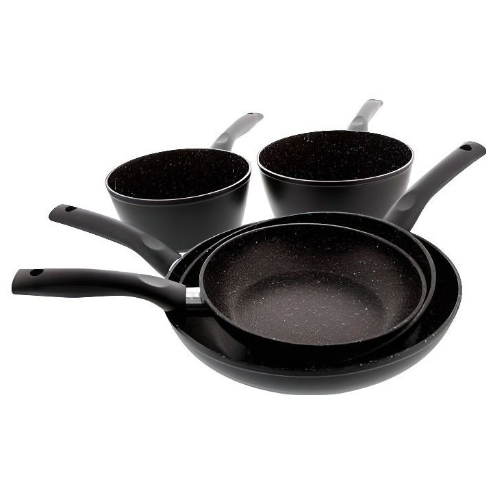 Set 5 pieces cuisson, 3 poeles Ø 20, 24, 28 cm + 2 casseroles Ø 18,