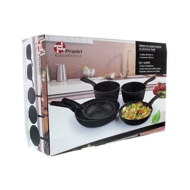 Set 5 pieces cuisson, 3 poeles Ø 20, 24, 28 cm + 2 casseroles Ø 18,