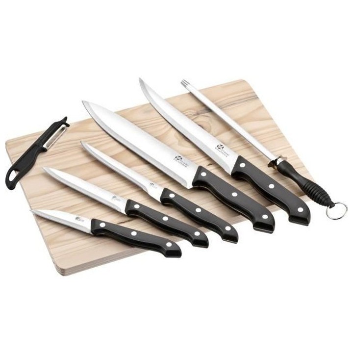 PRADEL EXCELLENCE Planche en bois avec 5 couteaux de cuisine, un fusil