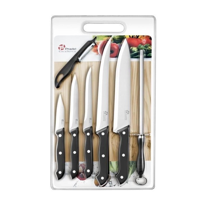 PRADEL EXCELLENCE Planche en bois avec 5 couteaux de cuisine, un fusil