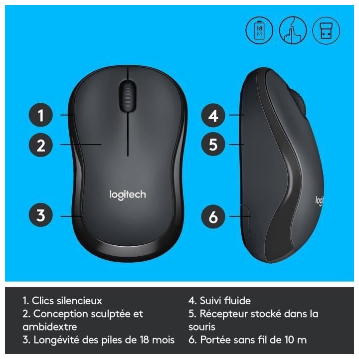 LOGITECH Souris Silencieuse M220 Silent - Sans Fil - Gris/Noir