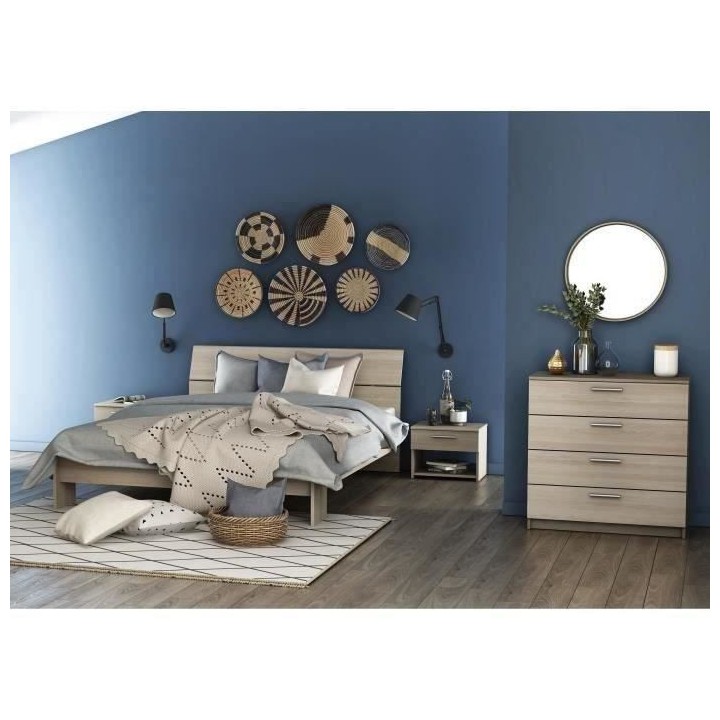 Ensemble Pricy - Lit 140x190/200 + 2 chevets + 1 commode 4 tiroirs - D