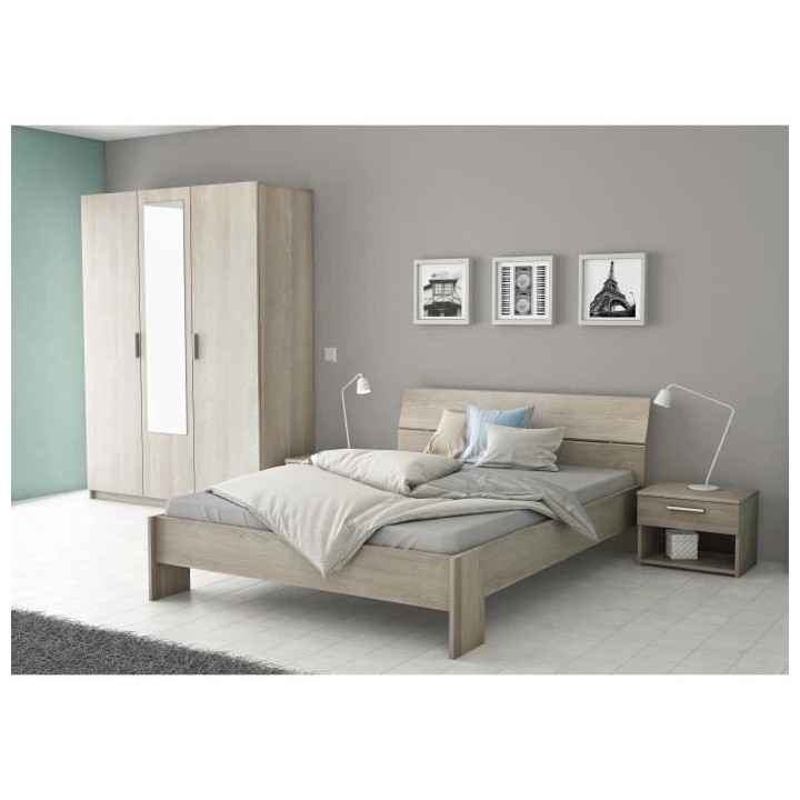 DEMEYERE PRICY Lit 140 x 190/200 cm - Décor Chene shannon - L 145 x P