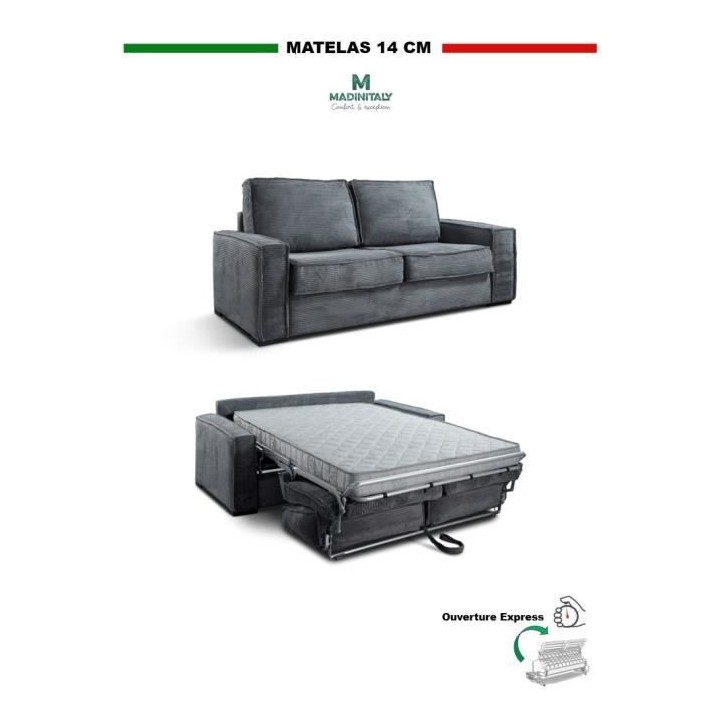 Canapé 3 places convertible express PRISMA - Velours côtelé gris an