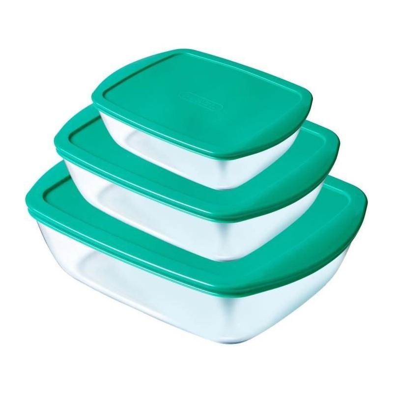 PYREX Cook&Store - Lot 3 plats rectangulaires avec couvercle Vert Turquoise - 17*10 cm + 23*15 cm + 28*20 cm