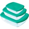 PYREX Cook&Store - Lot 3 plats rectangulaires avec couvercle Vert Turquoise - 17*10 cm + 23*15 cm + 28*20 cm