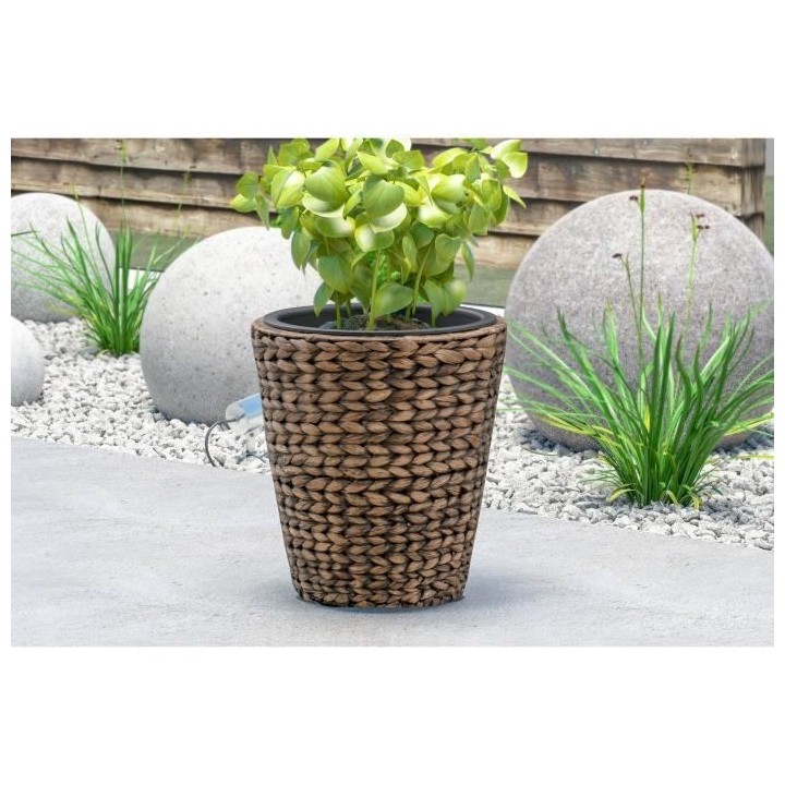 Pot de fleur rond en jacinthe d'eau tressée - 28 x 28 x 30 cm - Marro