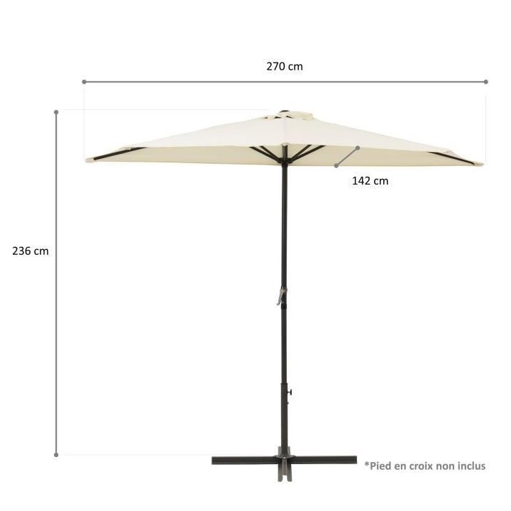 Demi-parasol - 266 x 135 x H.238 cm - Avec manivelle - Structure acier