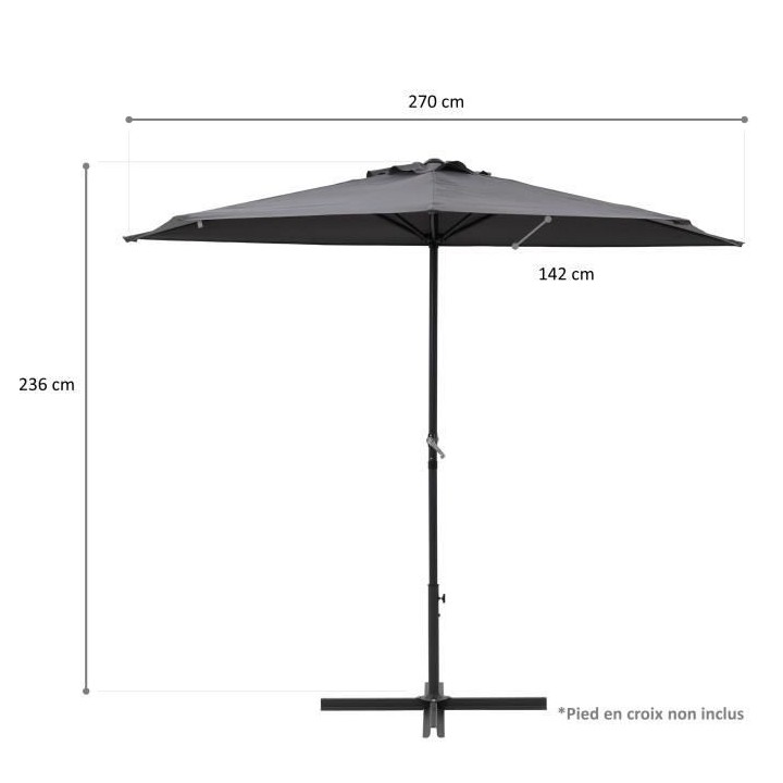 Demi-parasol - 266 x 135 x H.238 cm - Avec manivelle - Structure acier