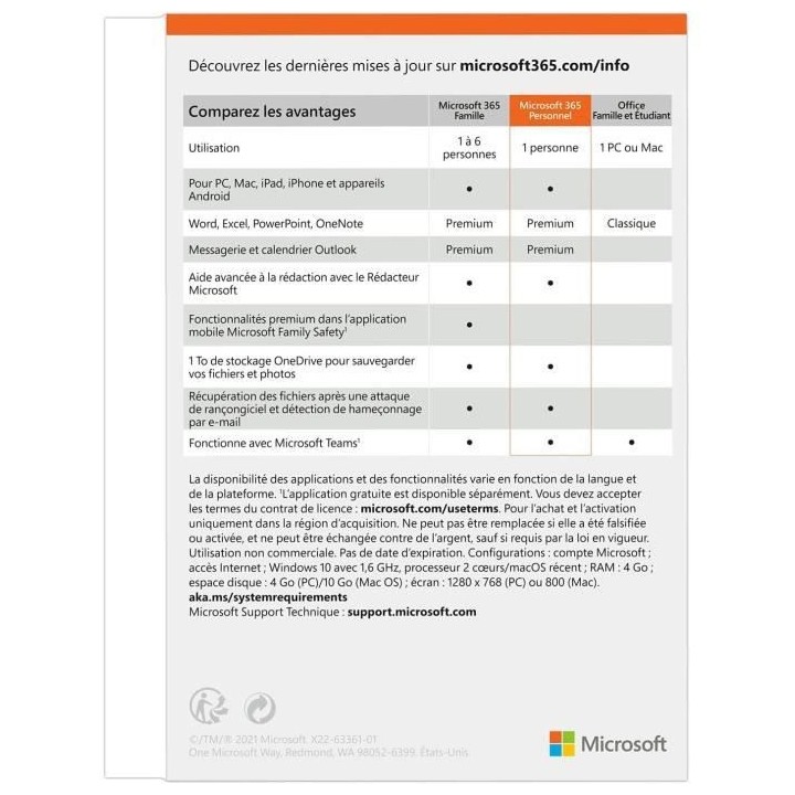 MICROSOFT 365 Personnel - 1 utilisateur - PC ou Mac - Abonnement 1 an