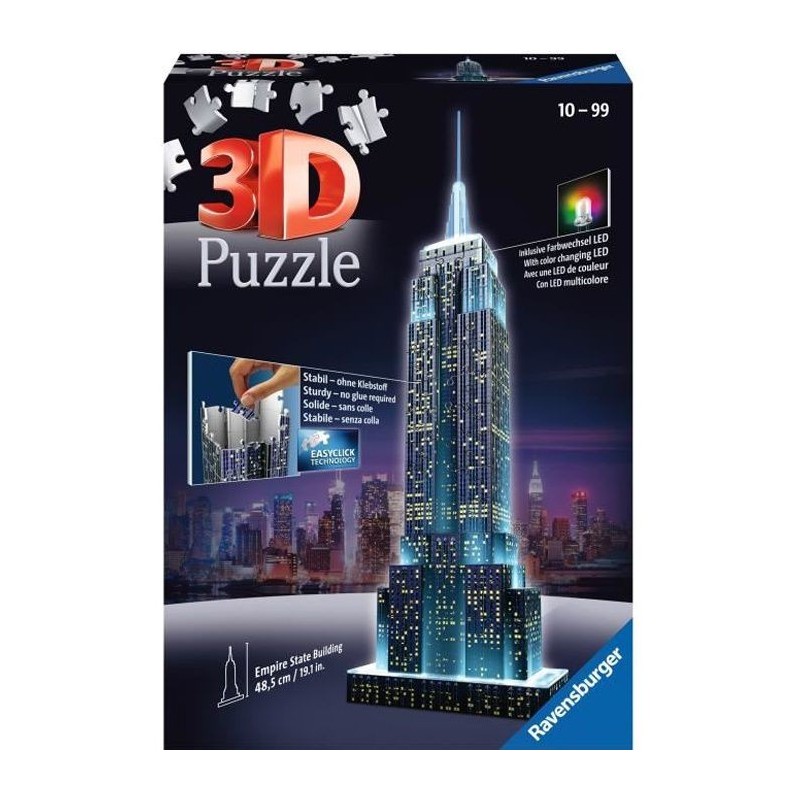 Puzzle 3D Empire State Building illuminé - Ravensburger - Monument 216 pieces - sans colle - avec LEDS couleur - Des 10 ans