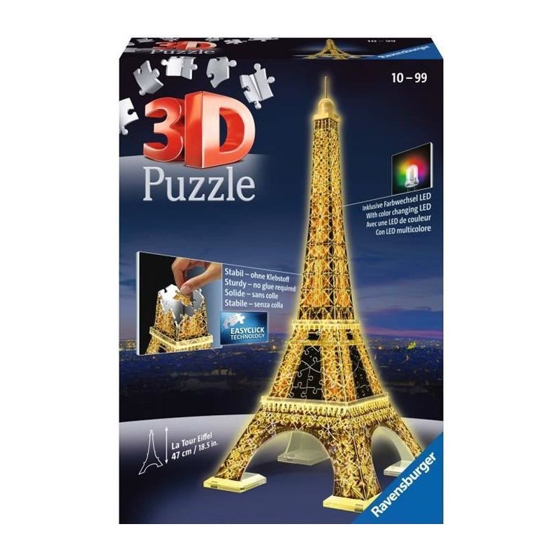 Puzzle 3D Tour Eiffel illuminée - Ravensburger - Monument 216 pieces - sans colle - avec LEDS couleur - Des 10 ans