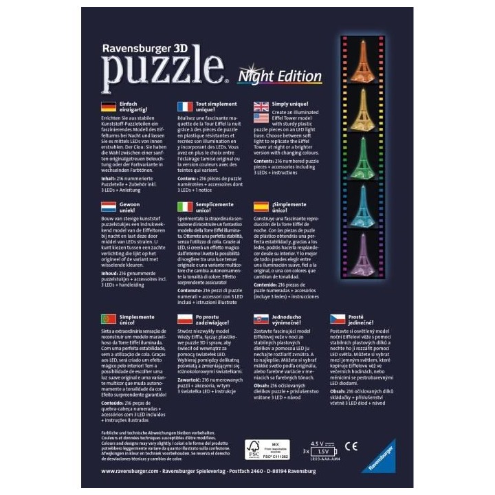 Puzzle 3D Tour Eiffel illuminée - Ravensburger - Monument 216 pieces