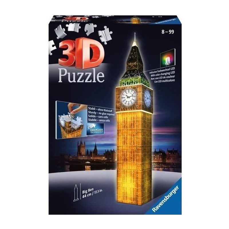 Puzzle 3D Big Ben illuminé - Ravensburger - Monument 216 pieces - sans colle - avec LEDS couleur - Des 8 ans