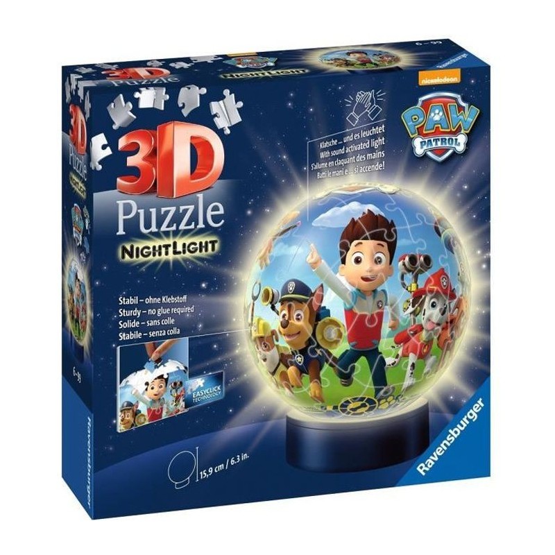 PAT'PATROUILLE Puzzle 3D Ball 72 pieces illuminé - Ravensburger - Puzzle enfant 3D sans colle avec lumiere - Des 6 ans