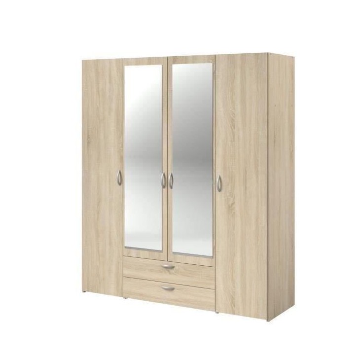 PARISOT Armoire 4 portes battantes avec 2 miroirs + 2 tiroirs - Chene