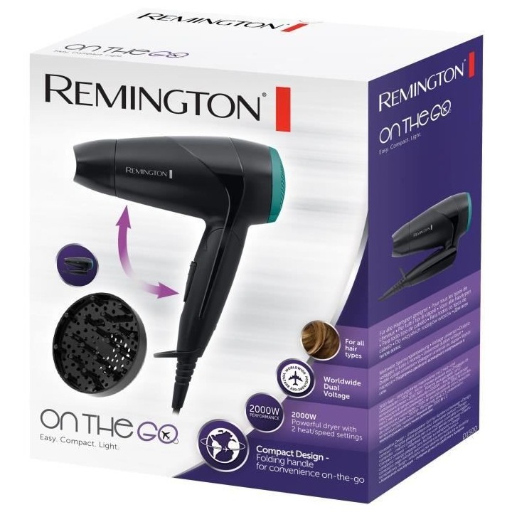 Remington D1500 Seche-Cheveux de Voyage Puissant 2000W On The Go, Poig