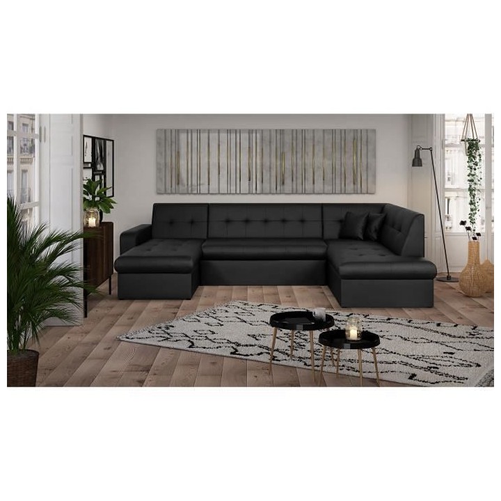 Canapé convertible panoramique 7 places - Simili noir - Contemporain