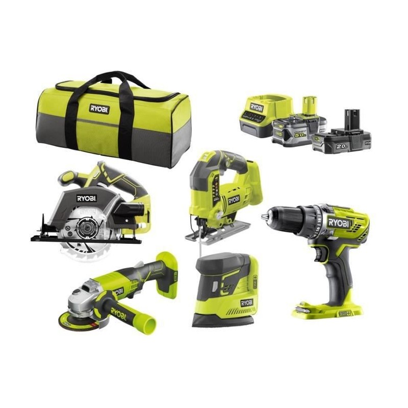 RYOBI R18CK5B-252S Pack 5 outils ONE+ 18V (Perceuse, meuleuse, scie sauteuse, scie circulaire, ponceuse) + 2 batteries