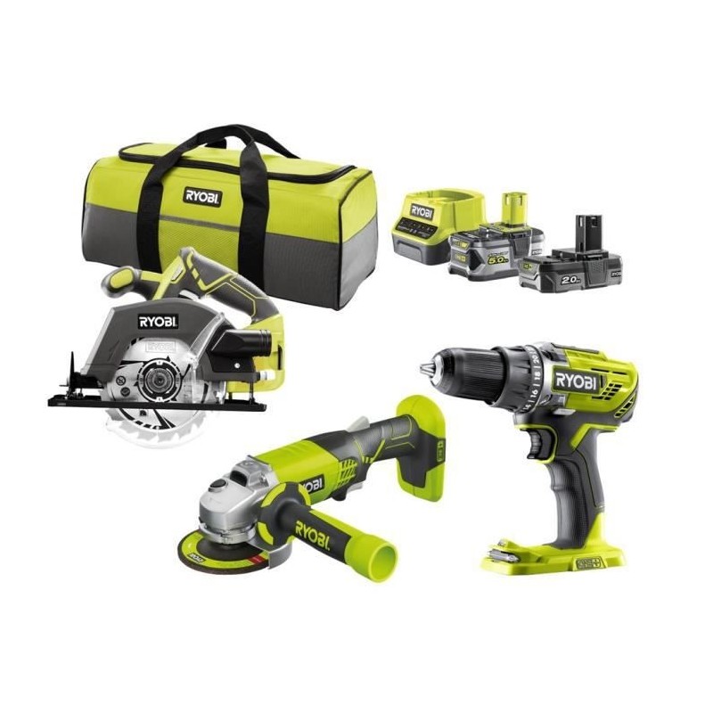 RYOBI R18CK3E-252S Pack 3 outils ONE+ 18V (Perceuse, meuleuse, scie circulaire)