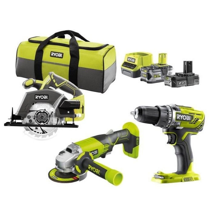RYOBI R18CK3E-252S Pack 3 outils ONE+ 18V (Perceuse, meuleuse, scie ci