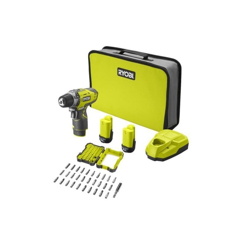 Perceuse Visseuse sans fil 12V RYOBI R12DD-220SA31 - 2 batteries de 2 Ah - 1 coffret 31 accessoires de vissage offert - 1 sac