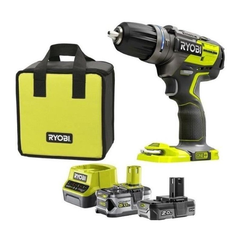 Perceuse-visseuse a percussion brushless RYOBI 18V OnePlus - 2 batteries LithiumPlus 5Ah - 2Ah - chargeur rapide 2.0Ah - R18PDBL