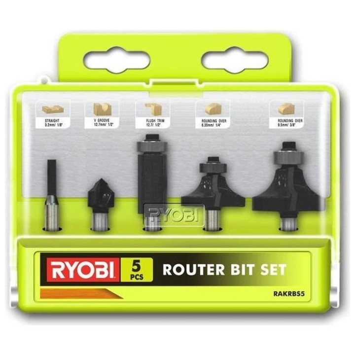 Coffret 5 fraises panachées RYOBI queue de diametre 6mm RAKRBS5