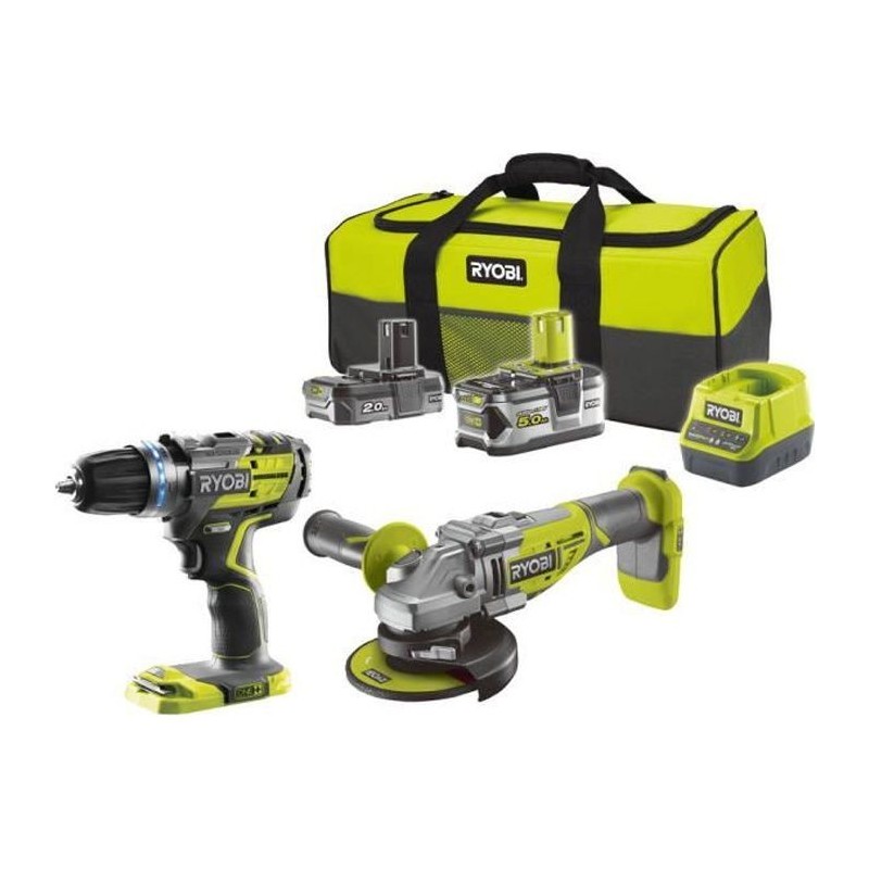 RYOBI One+ Duo Brushless perceuse a percussion + meuleuse 125mm sans fil 18V - R18CK2BL-252S - batteries 2 et 5 Ah -sac de range