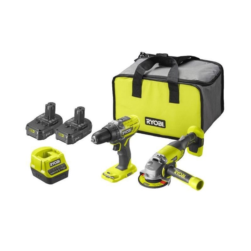 RYOBI ONE+ Pack duo perceuse meuleuse 18V sans fil - 2 batteries de 2Ah et un sac de transport